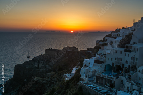 views of the village of Oia in Santorini, at sunset
