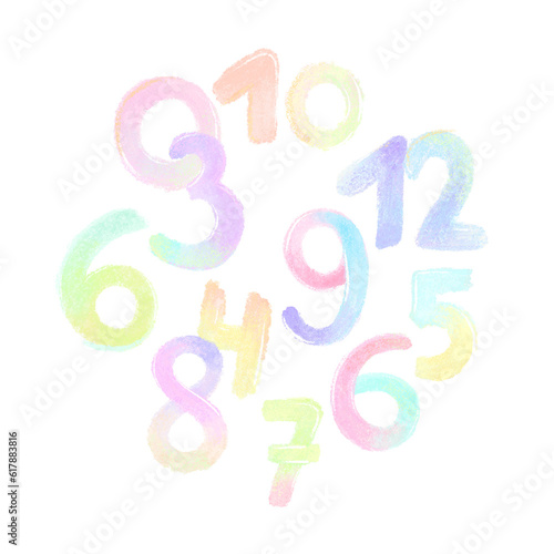 Colorful number composition, hand drawn chalk art on white background.