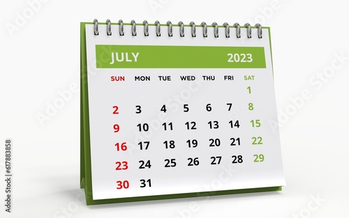 Standing Desk Calendar Jule 2023. Business monthly calendar with metal spiral-bound, the week starts on Sunday. Monthly Pages on a white base and green title, isolated on white background, 3d render