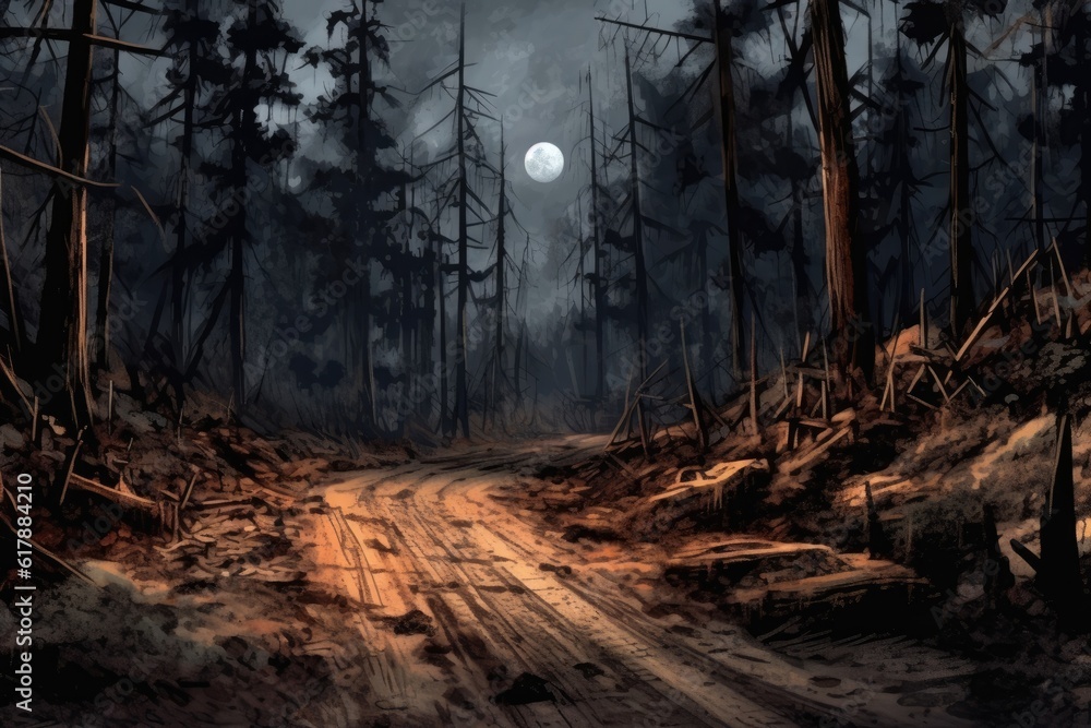 A deserted road through a dark forest was generated. (Illustration, Generative AI) A deserted road through a dark forest was generated. (Illustration, Generative AI)