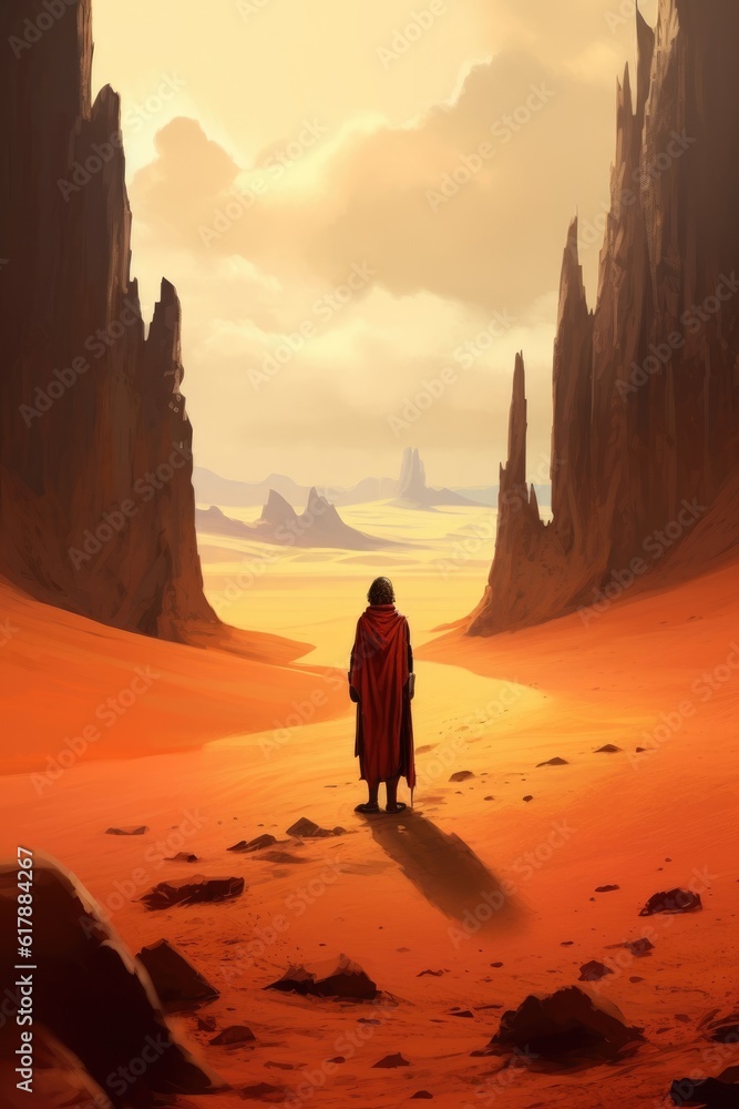Contemplating the sandy desert, the traveler stands. (Illustration, Generative AI)