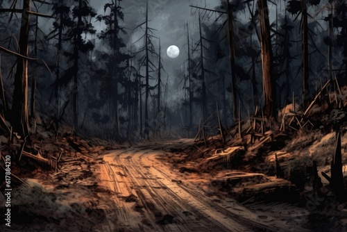 A deserted road through a dark forest was generated.  Illustration  Generative AI 