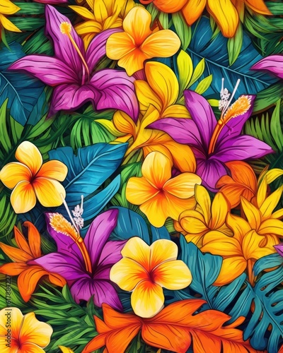 A drawing with a tropical flower background.  Illustration  Generative AI 