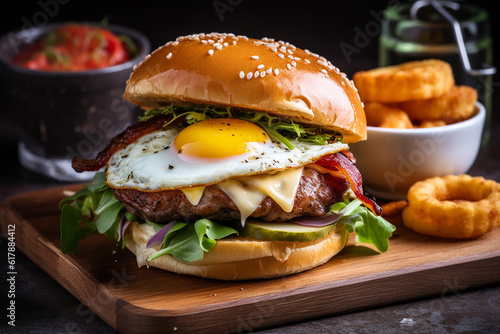 Delicious Bacon Burger with fried Egg, Salad, Cheese and avocado along with fried onion rings generative AI technology