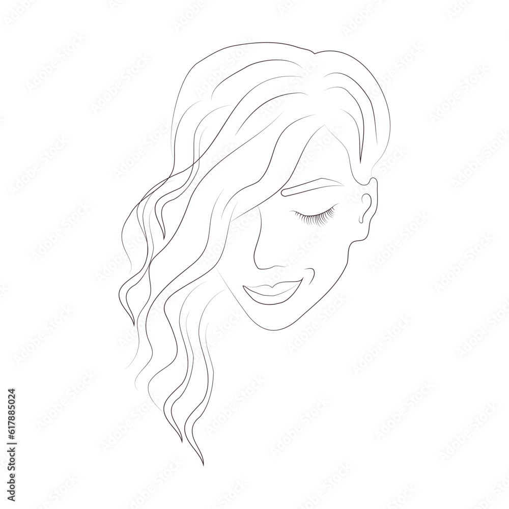 Female smiling beautiful face, outline drawing