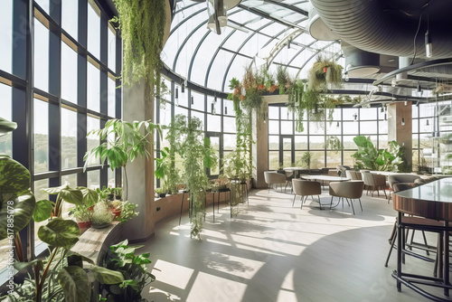 Empty hall in modern building with indoor plants and tall windows. Generative AI illustration