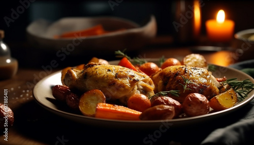 Grilled chicken with prepared potato, tomato, and herb sauce generated by AI