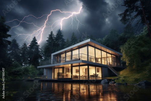 Cloud storm sky with thunderbolt hitting a modern house home insurance
