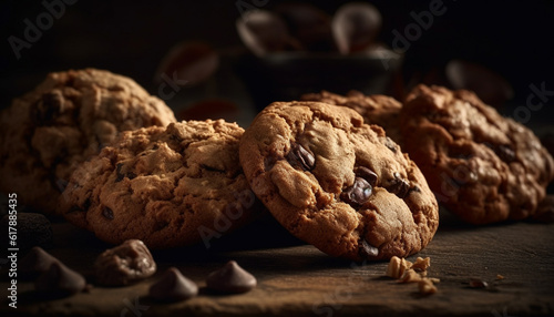 Homemade chocolate chip oatmeal cookie on rustic wooden table generated by AI