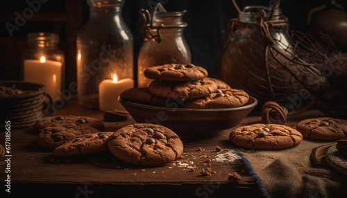 Rustic homemade chocolate chip cookies on wooden table, indulgent snack generated by AI
