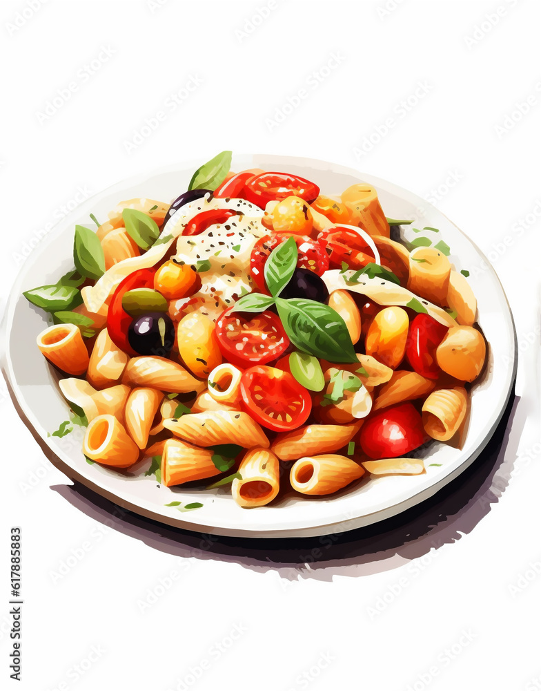 Illustration of fresh pasta salad on white plate isolated on white background, ai generated Illustration of fresh pasta salad on white plate isolated on white background, ai generated