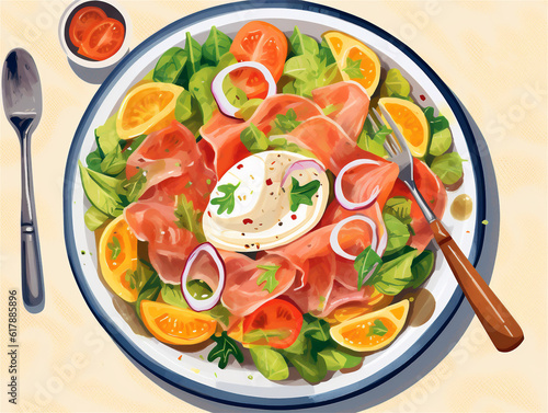 Plate of bresaola meat with fresh vegetables illustration. Ai generated