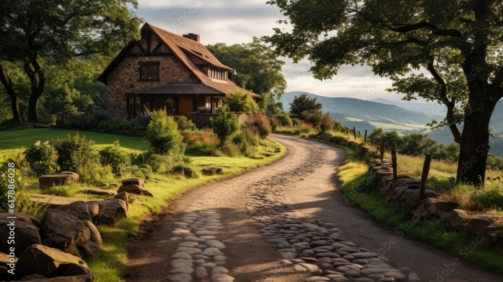 Gravel road leading to a house in the mountains. Generative AI Gravel road leading to a house in the mountains. Generative AI
