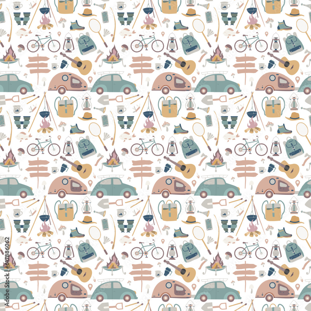 Hiking and camping seamless pattern with travel elements. Seamless ...