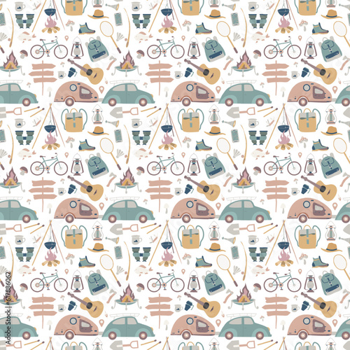 Hiking and camping seamless pattern with travel elements. Seamless pattern for design, posters, backgrounds Hiking, travel and camping theme. Tent, guitara, mug, map, camera, binoculars.