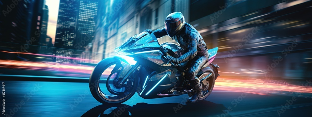 A sleek, futuristic motorcycle racing through a neon - lit cityscape at night, generative ai