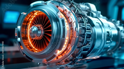 Futuristic industrial gas turbine engine. Engineering equipment. Turbine close up. Heavy industry concept.	 photo