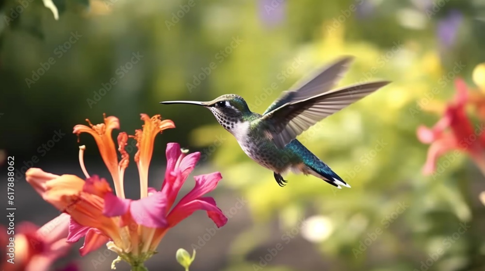 Fototapeta premium Hummingbird hovering next to blooming flowers. Beautiful hummingbird sucking nectar in flight generative ai