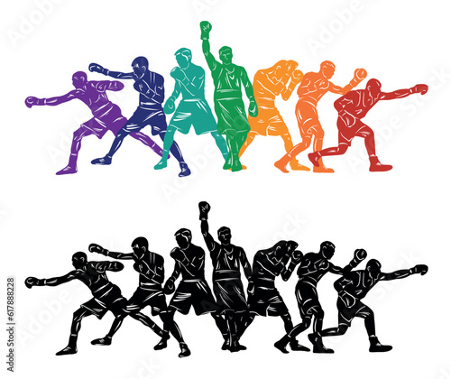 Colorful vector boxing illustration. Bright silhouettes of boxers men. Fighter.