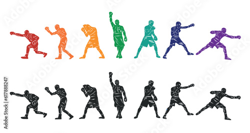 Colorful vector boxing illustration. Bright silhouettes of boxers men. Fighter.
