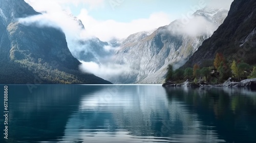 Lake panorama in a foggy morning with glaciers mountains and reflection generative ai