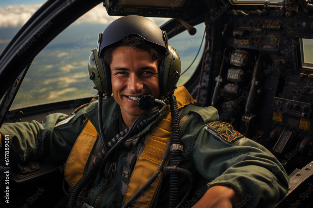 A pilot giving a thumbs up in a cockpit poster with copy space . Generative AI