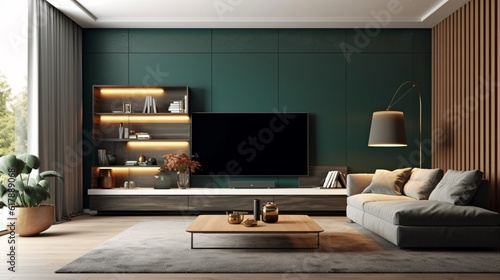 Living room with cabinet for tv in dark green color wall,minimalist muji style generative ai