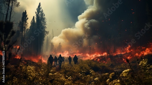 Illustration of a group of people walking through a forest engulfed in flames created with Generative AI technology