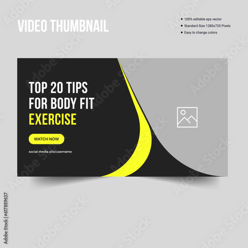 Modern body fitness training video thumbnail banner design, customizable vector illustrator eps file format