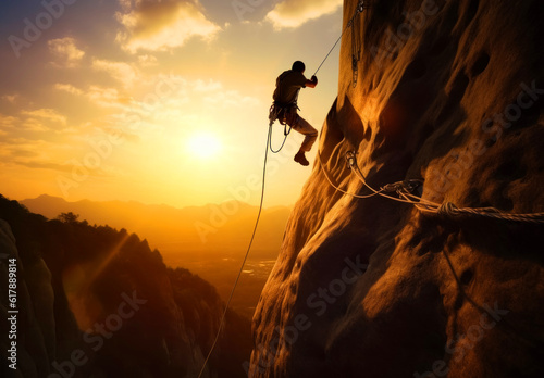 Silhouette of the mountaineer climbing by the rope on a cliff at sunset. Dangerous sport and activity. Generative AI. © Vadim
