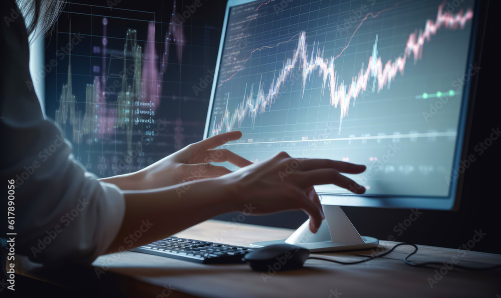 Hands of a lady hovering above the computer keyboard. Businesswoman financial analyst working with charts. Generative AI. Hands of a lady hovering above the computer keyboard. Businesswoman financial analyst working with charts. Generative AI.