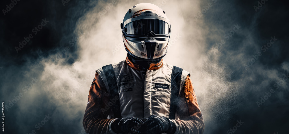 Obraz premium Sports car driver wearing special jacket and helmet. Car racer standing alone in the heavy smoke. Generative AI.