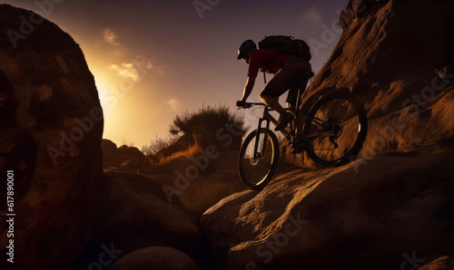 Male cyclist riding down by the rock at sunset. Extreme mountain biking sport. Generative AI.