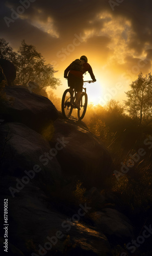 Male biker riding his vehicle by the rocks at sun dusk. Cyclist going mountain biking alone. Generative AI.