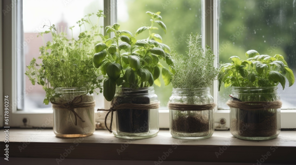Healthy plants grow on the windowsill in pots. Microgreens, nutrition, health