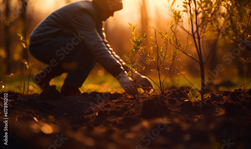 Man in gloves bent to the ground. Nature caring person planting young trees. Generative AI.