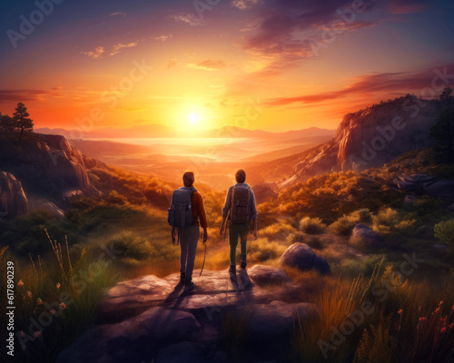 Couple watching a beautiful landscape standing on the rocky hill. Travelers with backpacks admiring amazing sunset from a mount. Generative AI.