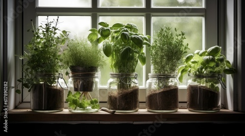 Healthy plants grow on the windowsill in pots. Microgreens, nutrition, health