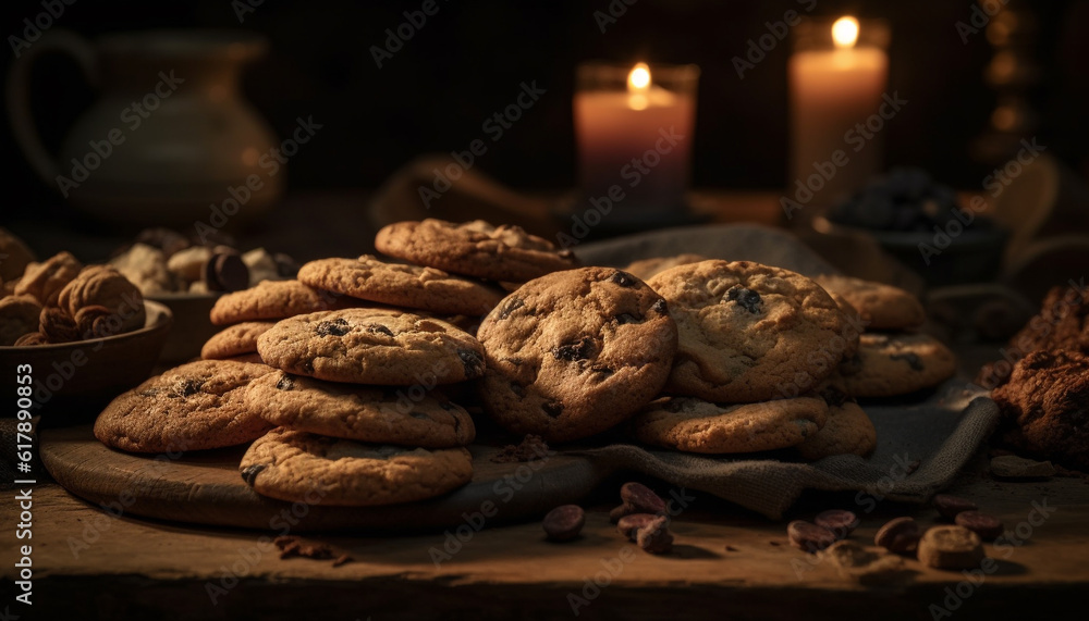 Homemade chocolate chip cookies on rustic wood table, indulgent temptation generated by AI