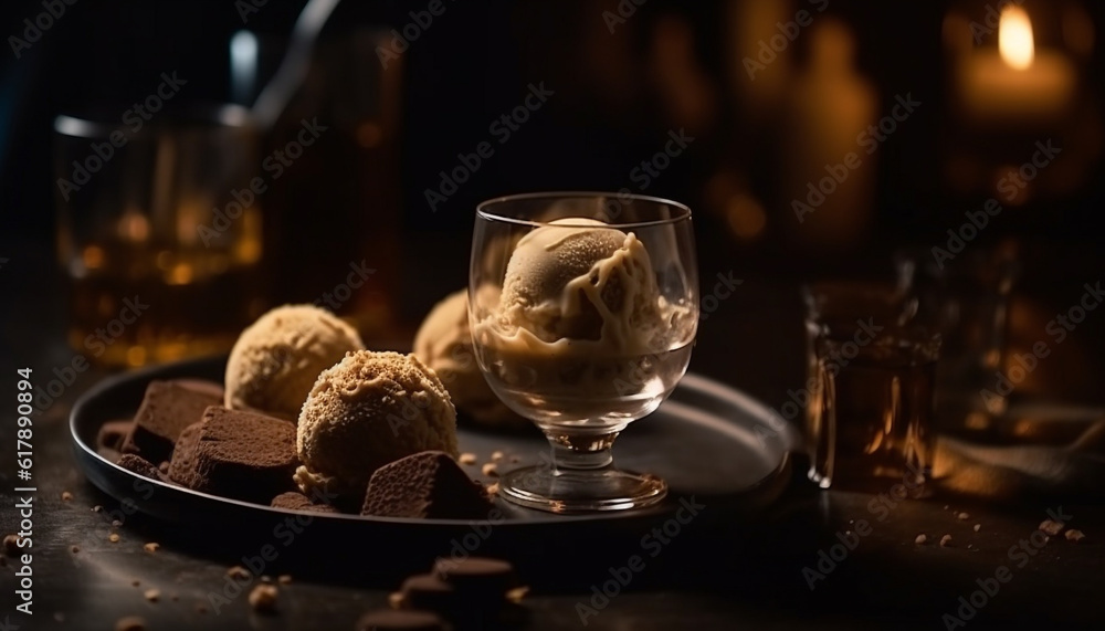 Luxury chocolate truffle dessert on elegant dark wood table generated by AI