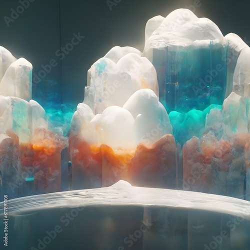 coloured glass made architecture terrains floating in layersin a white space shaped like clouds minimal 3D render ultra realistic sculpture gallery space dezeen Hyper Detail 8K HD Octane Rendering  photo