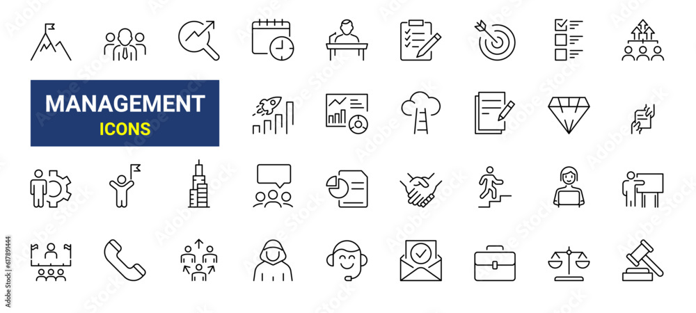 Set of line icons teamwork in business management. Data Analysis. Outline icon collection. Editable stroke. Vector illustration