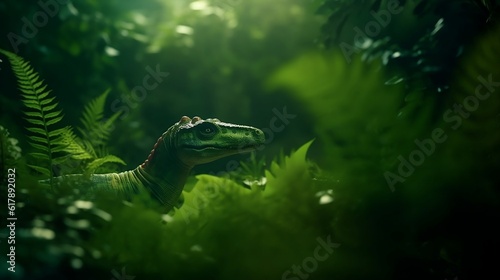 dino in the bright green jungle boke. Generative AI