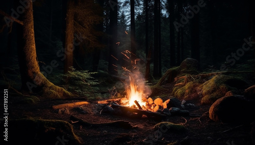 Burning campfire illuminates tranquil wilderness area on autumn night generated by AI