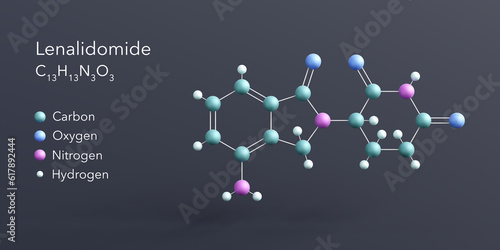 Fototapeta Naklejka Na Ścianę i Meble -  lenalidomide molecule 3d rendering, flat molecular structure with chemical formula and atoms color coding