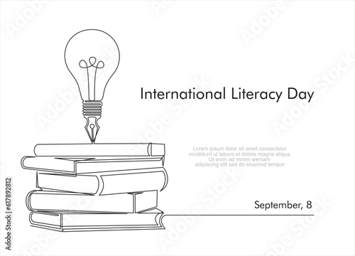 International literacy day. Continuous one line art for congratulation cards, banners and flyers. International literacy day. concept. Vector illustration. photo
