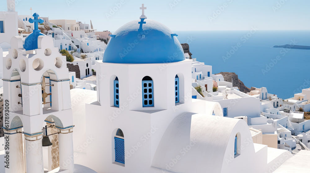 Naklejka premium Incredibly romantic sunrise on Santorini. Village in the morning light. Amazing sunset view with white houses. Island of lovers