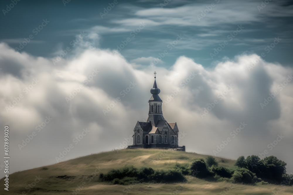 classic church on a sky island covered in clouds ,generative ai