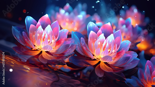 illustration luminescent glow of glass lotuses in the lake 