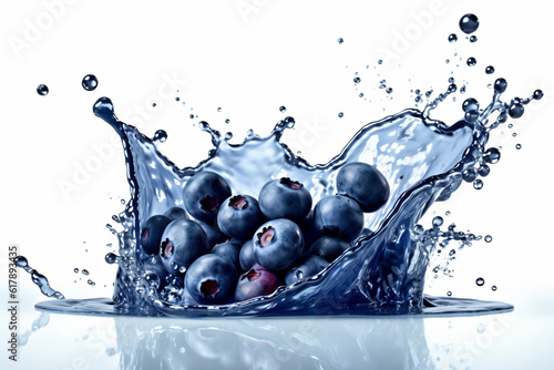 blue berry plus blue water color liquid or yogurt splash on isolated white. Generative ai